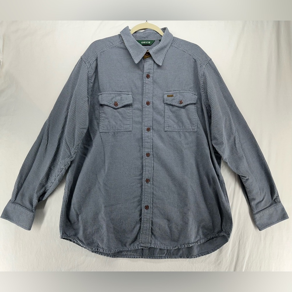 Orvis Shirt Men's Houndstooth Blue Gray‎ Cotton Long Sleeve Button Down XL